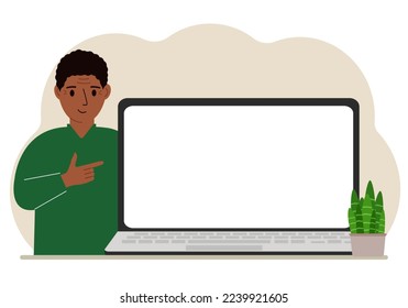 A man next to a large laptop with plenty of space for text. Vector flat illustration
