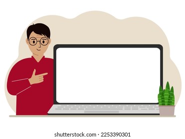 Un hombre al lado de un portátil grande con mucho espacio para el texto. Ilustración plana del vector