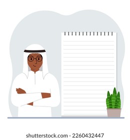 A man next to a large notepad or large notebook. The concept of filling a notebook or notepad, writing notes, time management, planning. Vector flat illustration