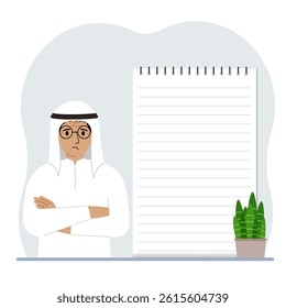 A man next to a large notepad or large notebook. The concept of filling a notebook or notepad, writing notes, time management, planning.
