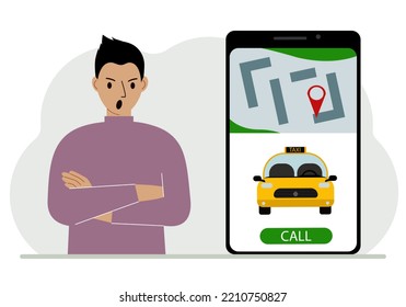 Ein Mann neben einem großen Smartphone auf dem Bildschirm, das ein Taxi und Geolokation hat. Das Konzept einer mobilen Taxianwendung oder der Online-Bestellung eines Taxis. Vektorgrafik