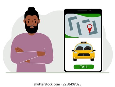Un hombre al lado de un gran smartphone en la pantalla que tiene un taxi y geolocalización. El concepto de una aplicación de taxi móvil o de encargar un taxi online. Ilustración plana del vector