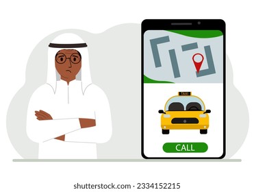 A man next to a large smartphone on the screen which has a taxi and geolocation. The concept of a mobile taxi application or ordering a taxi online. Vector flat illustration