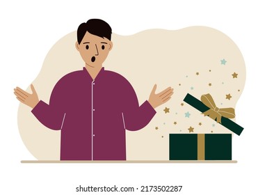 A man next to an open gift. The concept of a holiday, surprise, promotion, discount. Vector flat illustration
