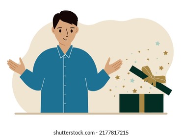Un hombre al lado de un regalo abierto. El concepto de vacaciones, sorpresa, promoción, descuento. Ilustración plana del vector