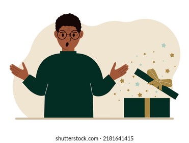 A man next to an open gift. The concept of a holiday, surprise, promotion, discount. Vector flat illustration