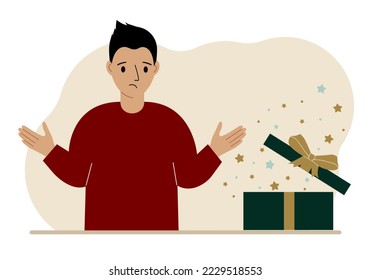 Ein Mann neben einem offenen Geschenk. Das Konzept von Urlaub, Überraschung, Beförderung, Rabatt. Vektorgrafik