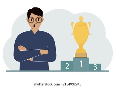 Un hombre al lado del pedestal en el que la copa por la victoria y el primer lugar. Ilustración plana vectorial.