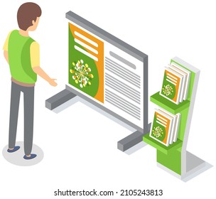 Man next to presentation board, announcements on rack and stand with books. Advertising company, promotion, distribution concept. Male character choosing products in catalogs with advertisement