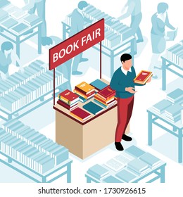 Man next to stand with books at literature exhibition 3d isometric vector illustration
