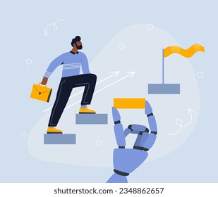 Man with next steps concept. Motivation and leadership. Successful entrepreneur and businessman. Aspirations and success. Progress and innovations. Cartoon flat vector illustration