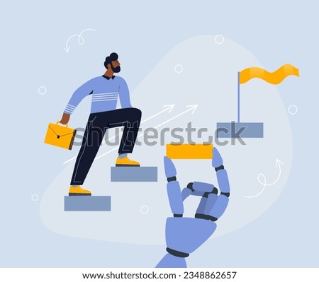 Man with next steps concept. Motivation and leadership. Successful entrepreneur and businessman. Aspirations and success. Progress and innovations. Cartoon flat vector illustration