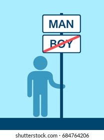 Man is next to the traffic sign - transition and passage of immature child into mature adult, losing youth and gaining manhood