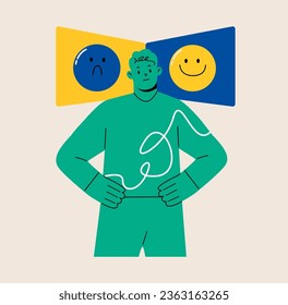 Man is next to two icons with sad and cheerful faces. Choice of mood. Colorful vector illustration