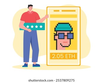Man with NFT image, digital investment. Character design. Vector flat illustration
