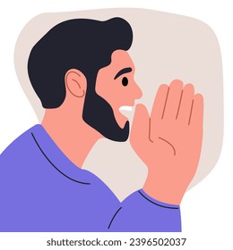 Man nice attractive cheerful whispers. Side view of a man speaking secrets, promo good news. Close-up profile. Vector illustration flat design. 