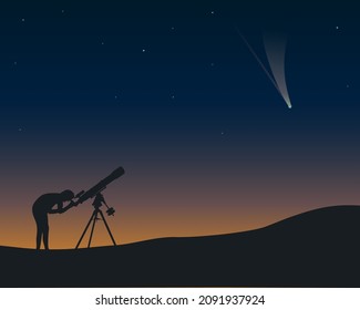 Un hombre de noche mira a través de un refractor de telescopio en un cometa 