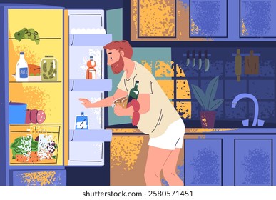 Man night snack. Hungry fat person at open refrigerator in midnight kitchen interior, unhealthy late eating food addiction overeating or insomnia concept classy vector illustration original artwork