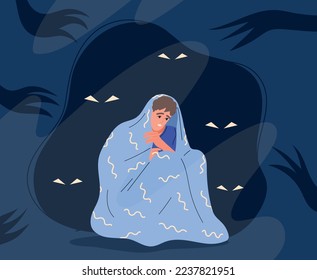 Man with nightmare. Young guy under blanket hides from eyes in dark. Phobia and fear, mental disorder and psychological problems. Poster or banner for website. Cartoon flat vector illustration