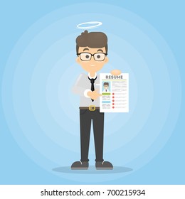Man with nimbus standing with resume. Finding good candidate.