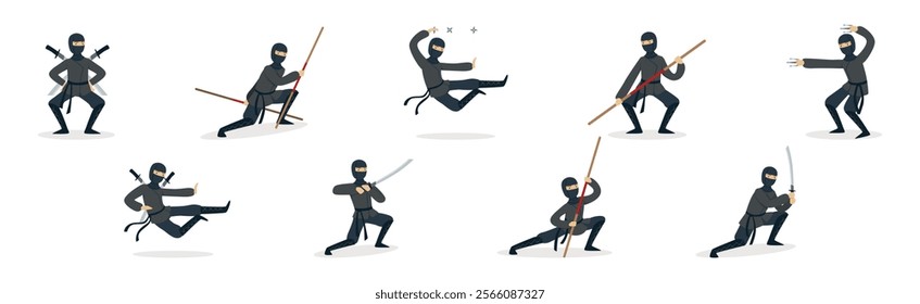 Man Ninja Character with Face Cover and Weapon Vector Set