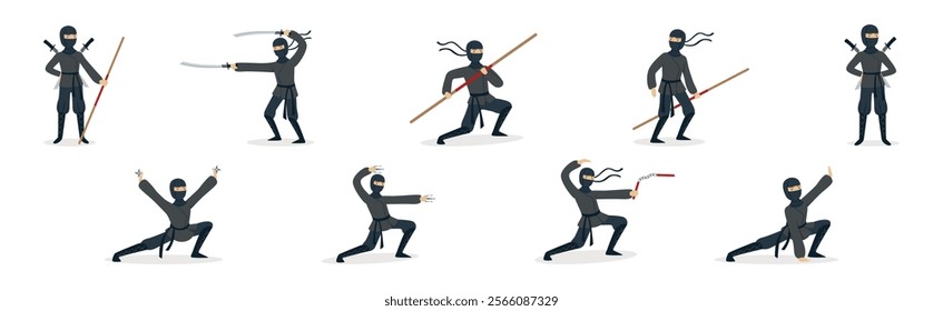 Man Ninja Character with Face Cover and Weapon Vector Set