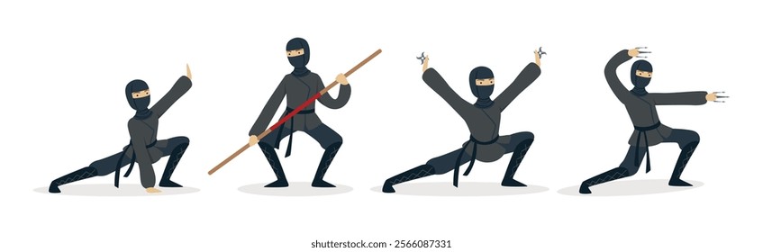 Man Ninja Character with Face Cover and Weapon Vector Set