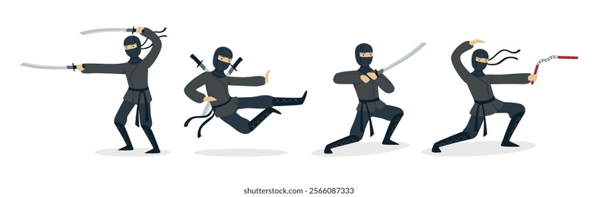 Man Ninja Character with Face Cover and Weapon Vector Set