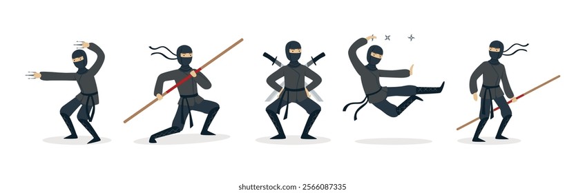 Man Ninja Character with Face Cover and Weapon Vector Set