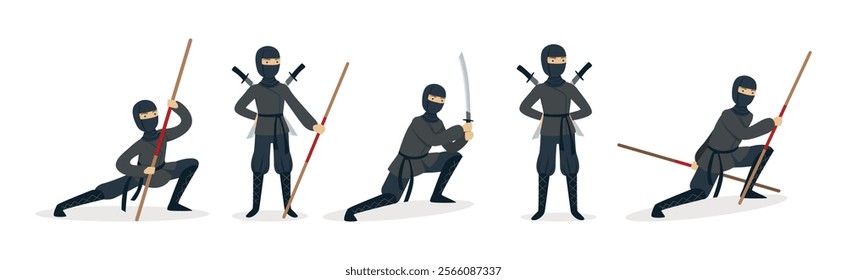 Man Ninja Character with Face Cover and Weapon Vector Set