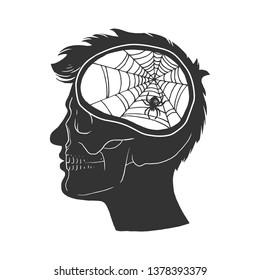 Hombre sin dibujo cerebral grabado ilustración vectorial. Imitación del estilo de pizarra. Imagen dibujada a mano en blanco y negro.