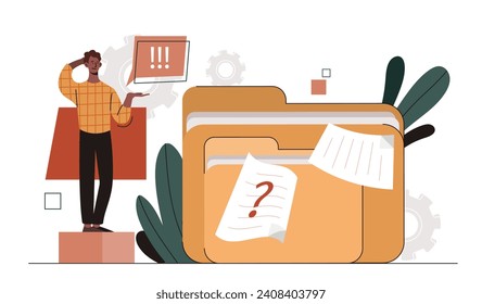 Man with no data concept. Young guy with folder of files without documents. Lost of personal data and information. Broken directory at electronic storage or archive. Cartoon flat vector illustration