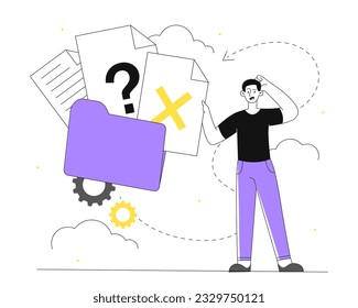 Man with no data line concept. Young guy near folder with documents and lists. Problems on server and cloud storage. Character with data and information. Linear flat vector illustration