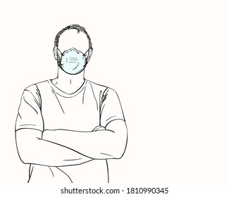 Man with no face in medical mask with arms crossed over his chest, Hand drawn portrait, Coronavirus prevention. Vector sketch