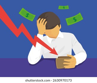 The Man With No Money On Chart Red Arrow Goes Down. Financial Crisis. Illustration Vector Cartoon.