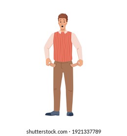 Man with no money in pockets isolated flat cartoon character. Vector unemployed worried person in depression due to bankruptcy after covid, trouble with finances and debts, moneyless guy