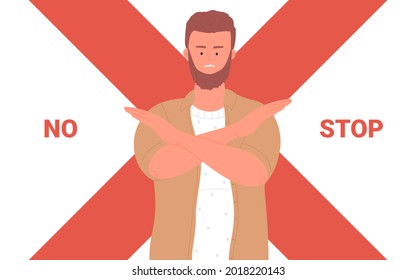 Man with no stop gesture simple concept vector illustration. Cartoon young male standing with red cross, character warning, showing denial negative gesture with hands background