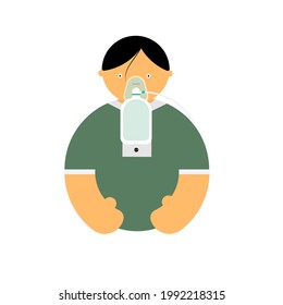 A man with non-rebreathing mask on white background.
