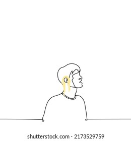 man with noodles on his ears - one line drawing vector. male portrait with open mouth and spaghetti hanging from the ears. concept to be fooled, deceived by a fool