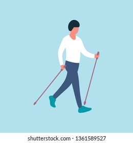 Man nordic walking isolated on a light background. Colorful flat vector illustration.