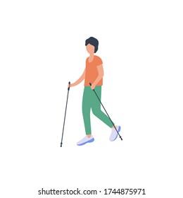 Man nordic walking isolated on a light background. Colorful flat vector illustration.