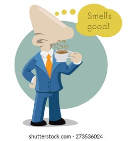 A man with a nose for a head enjoying the smell of his coffee.