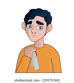 Man with nosebleed on white background