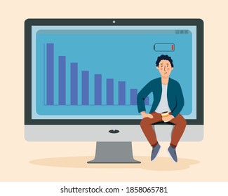 Man not successfully execute their tasks and appointments. Scene with not efficient and effective time management and multitasking at work. Flat cartoon vector illustration.