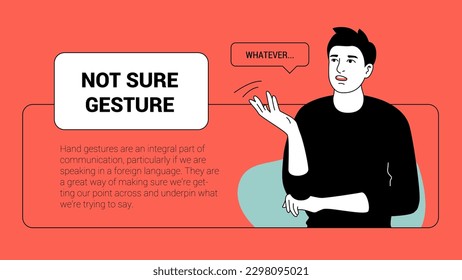 Man with not sure or uncertainty gesture. Human gesture and reactions banner template. Vector people illustration. Horizontal aspect ratio.