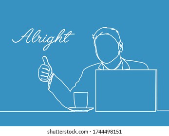 man with notebook and a cup raising thumb up in one line vector illustration