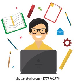 Man with notebook and school stuff. Online education, e-learning concept. Vector stock illustration in flat style.