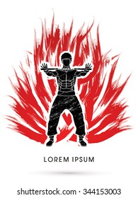 Man and nunchaku, Ready to Fight designed using grunge brush on brush fire background graphic vector.