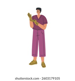 Man Nurse and Medical Worker Stand in Uniform Wear Gloves Vector Illustration