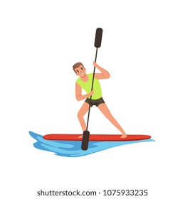 Man with an oar in hands standing on a surfboard, water sport activity vector Illustration on a white background